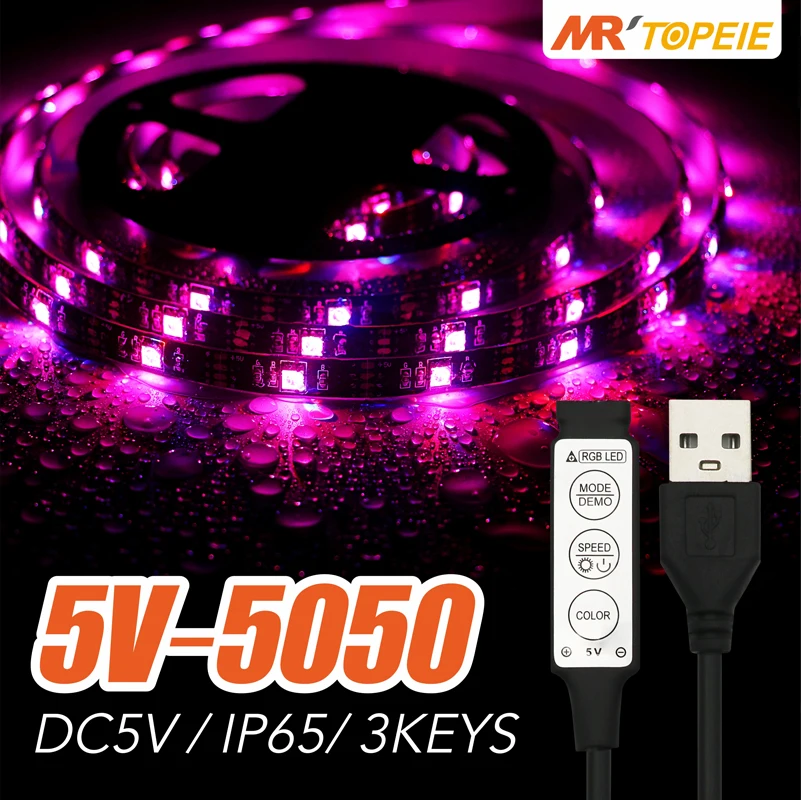 

Водонепроницаемая светодиодная лента 5050 RGB IP65, 5 В, USB, 3 клавиши, 1 м, 2 м, 3 м, гибкая неоновая лента для подсветки телевизора/ПК, фосветильник