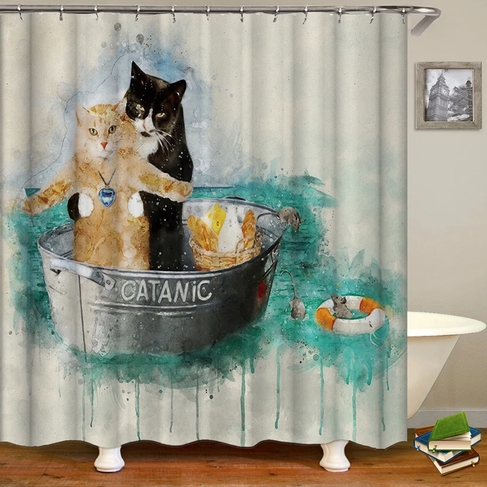 

3d Ванная комната шторы забавная для кошек собак Животные занавески Водонепроницаемый, украшенное мозаикой из драгоценных камней, 12 крючков...