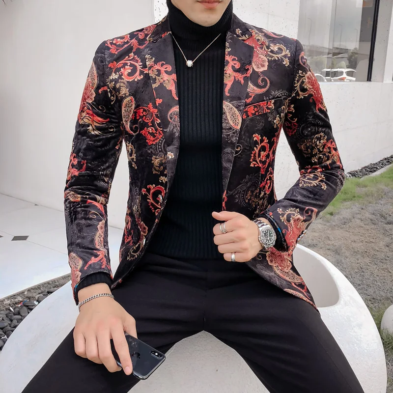 

Luxury Royal Paisley Floral Blazer Wedding Party Prom Blazer Flower Men Pattern Velvet Suit Jacket Business Causa