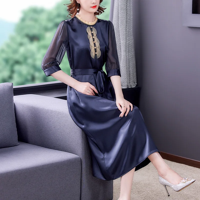 

6923 Women Dresses Summer Elegant Fashion Half Sleeve O-Neck Solid Color Smooth Patchwork Gauze Thin Office Casual Female Dress