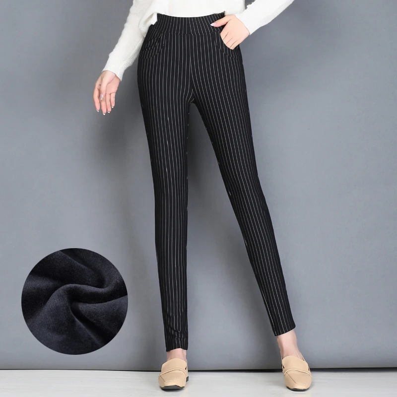 Женские осенне зимние брюки с высокой талией новинка 2018 полосатые плотные