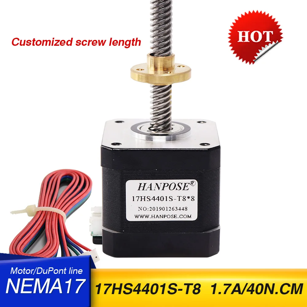 

Free shipping 40mm Nema17 Screw stepper motor 17HS4401S-T8 L300MM with Copper nut lead 2/4/8mm for 3D printer motor
