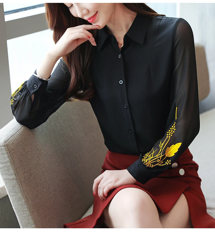 Blusas mujer de moda, шифоновая блузка на черной пуговице, однотонная блуза, женские топы с цветочной вышивкой в стиле Харадзюку, 0186