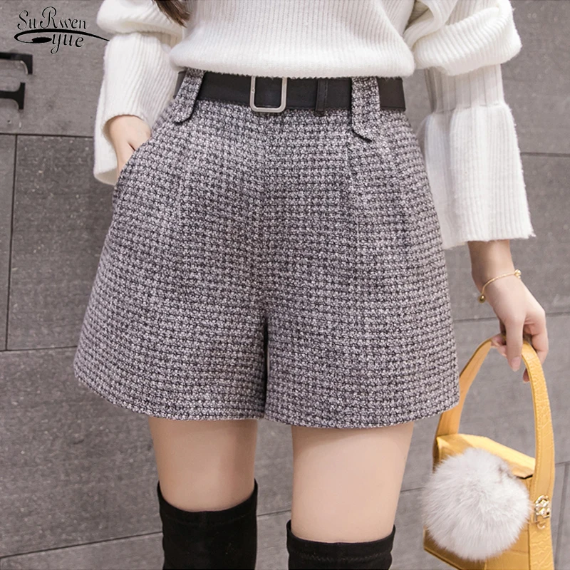 

Winter High Waist Slim Plaid Shorts Women with Belt Office Lady Woolen Wide Leg Shorts Women New Pantalon Femme Elegant 18007