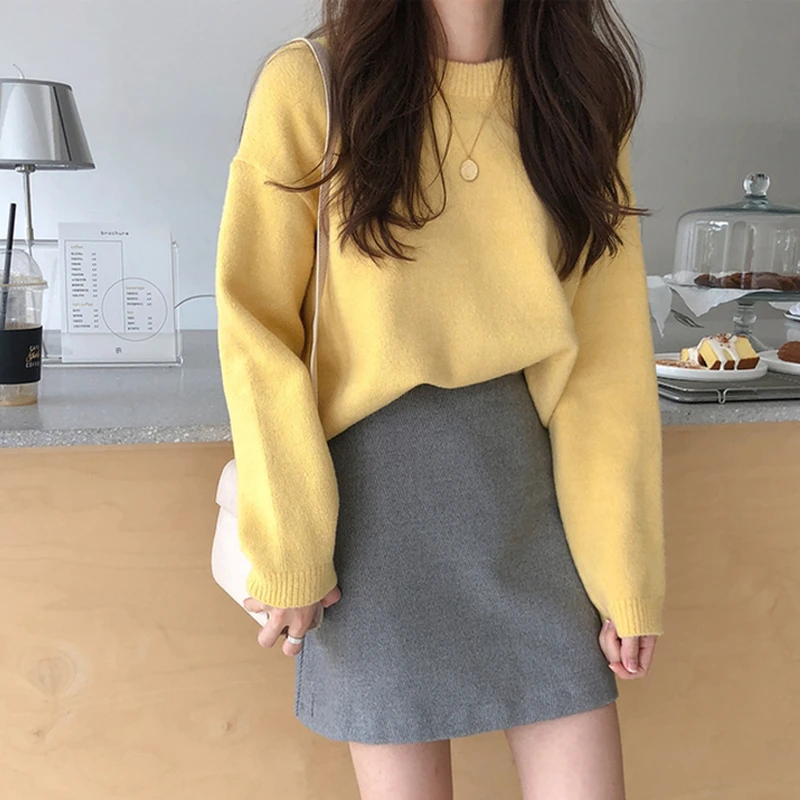 Мягкий Вязаный женский свитер Flectit в Корейском стиле с длинным рукавом и круглым