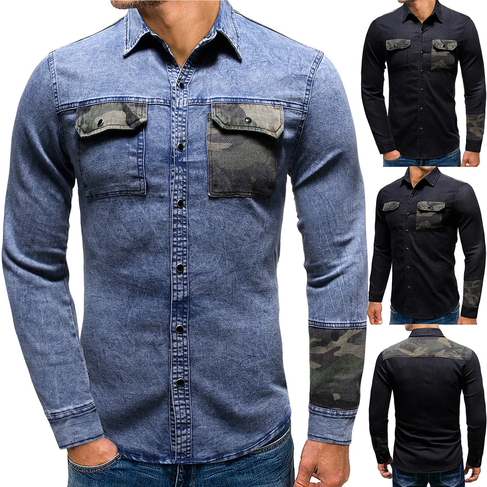 

SKU: 3318 - the Europe and the United States men's chest pocket camouflage cowboy long-sleeved washed denim line