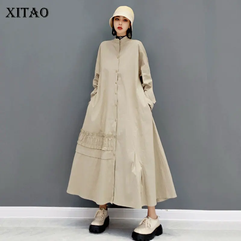 

XITAO Plus Size Dress Fashion New Women Pleated Pocket Goddess Fan Solid Color 2021 Autumn Vintage Single Breast Dress WMD2014