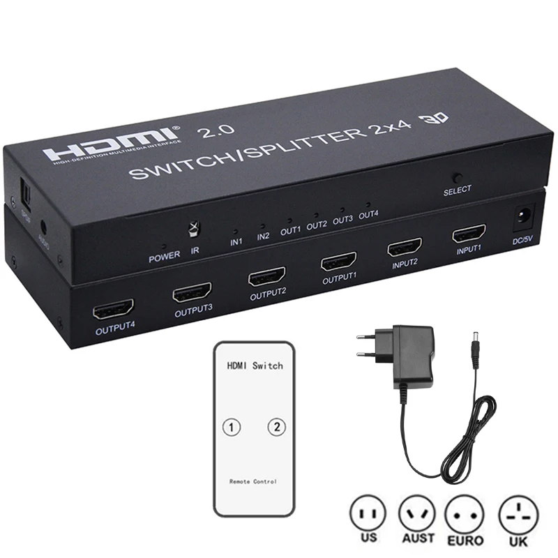 4K HDMI 2 в 4 выхода 2,0 HDMI переключатель сплиттер 2x4 SPDIF 3,5 мм аудио экстрактор конвертер адаптер дистанционное управление 3D 1080p DTS AC3
