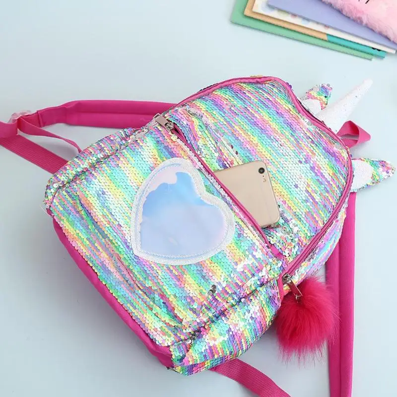 Cute Heart Sequins Travel Backpacks Kids Girls Glitter Shoulder Schoolbag