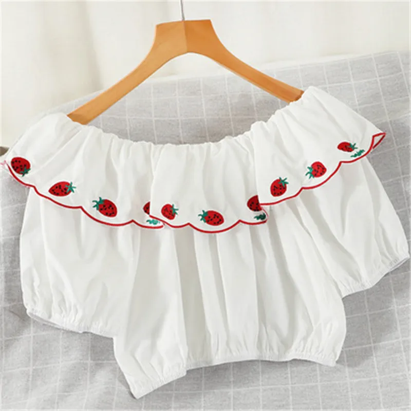 

2021 Korean Ulzzang Summer Women Crop Top Slash Neck White Embroidery Strawberry Lady Blouse Cute Kawaii Sweet Girl Short Blusa