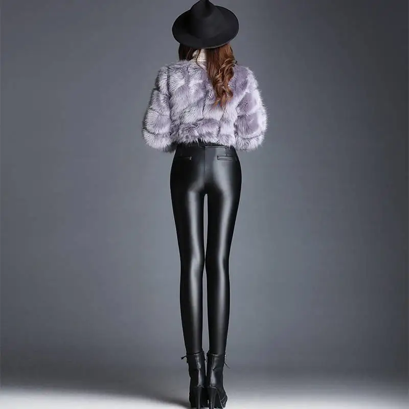 2019 зимние женские теплые бархатные кожаные зауженные брюки из искусственной