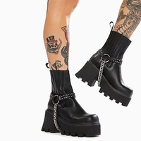 brand luxury designer goth plaform chunky heel womens boots chain slip on punk cool street trendy autumn female combat boots