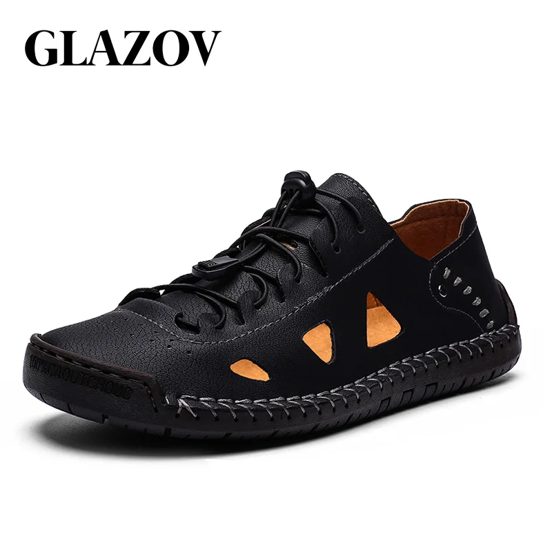 

New Men Shoes Summer Handmade Leather Hollow out Sandals Outdoor Beach Classic Casual Shoes Anti-slip Sneakers Plus Size 39-48