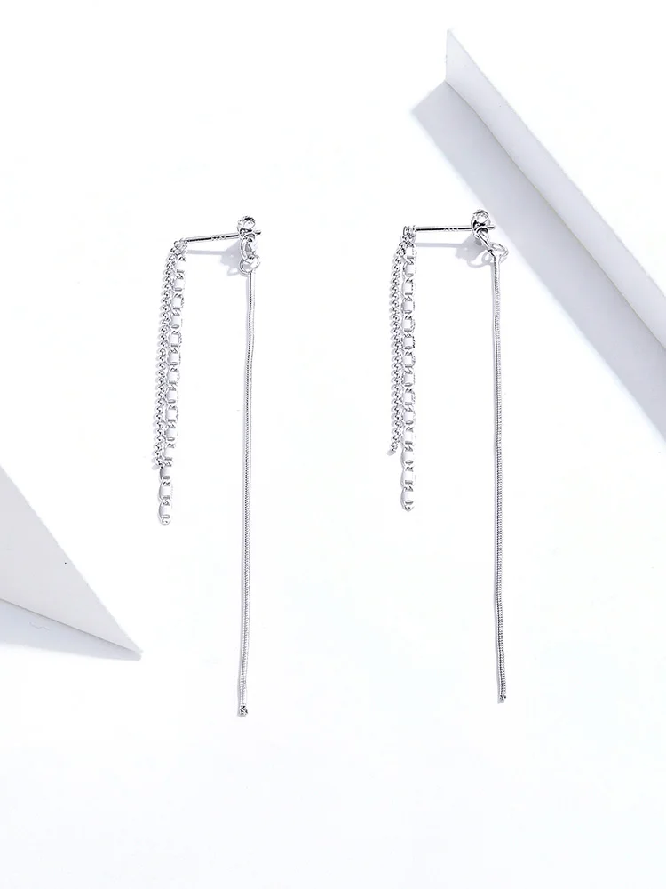 Простые серьги, BISAER, 925 пробы, серебряная кисточка, длинная цепочка, женские серьги-гвоздики, простой стиль, Стерлинговое Серебро, ювелирное изделие ECE790