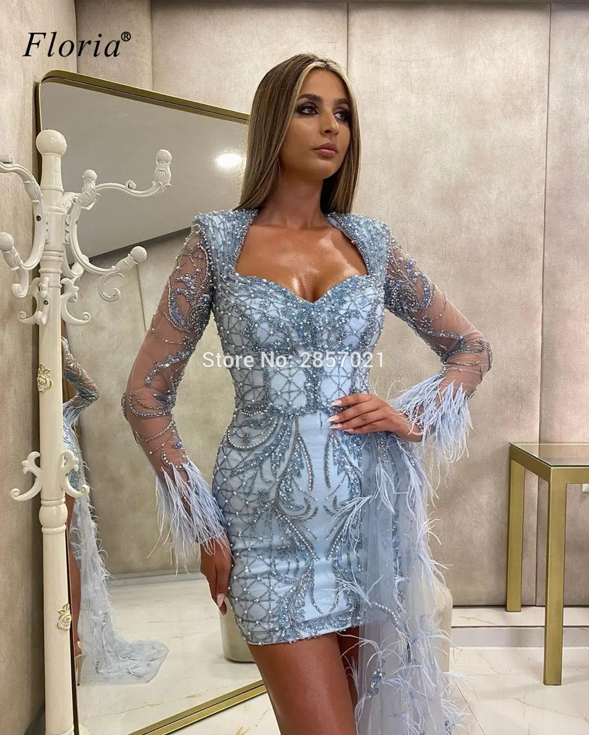 Gorgeous Beading Prom Dresses Mermaid Long Sleeves Cocktail Dresses Women Party Night Turkish Couture Mini Vestidos De Fiesta