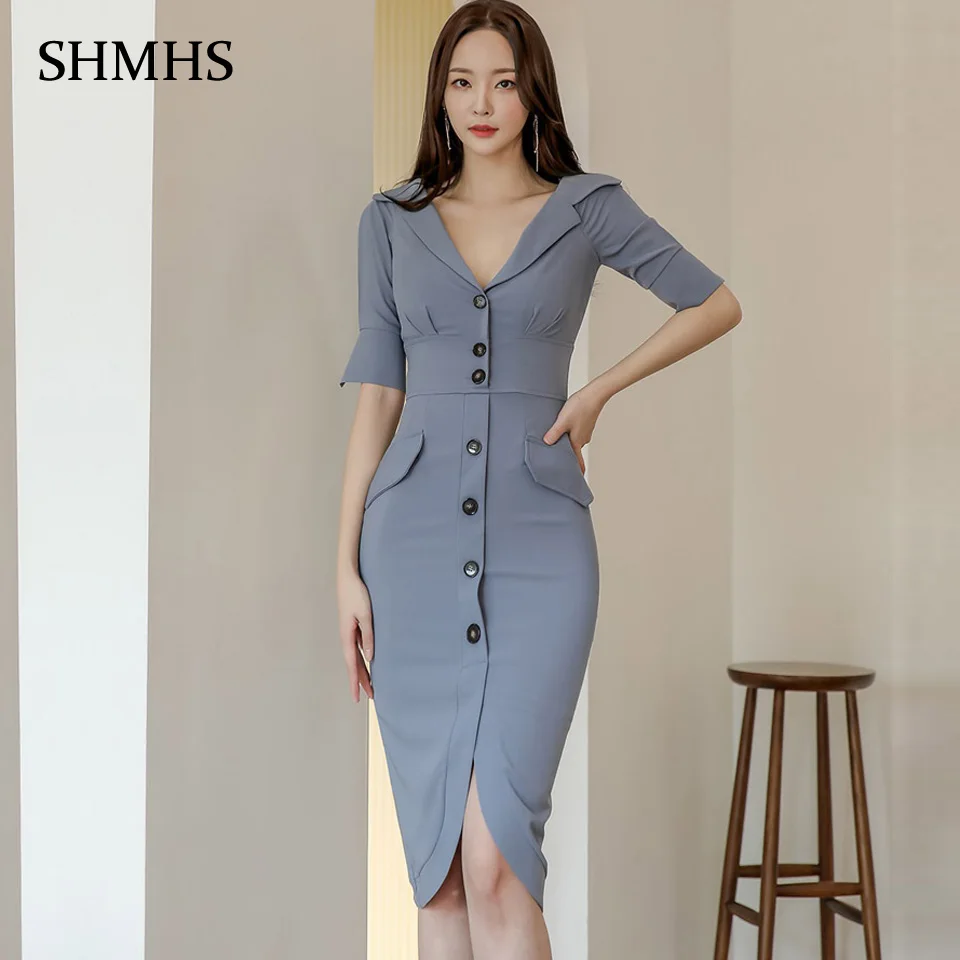 

Plain Office Dress 2020 Summer Notched Neck Half Sleeve Single Row Of Decorative Buttons High Waist Elegant Party Dress Women