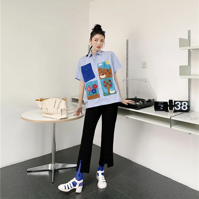 

Kimotimo Women Short-sleeved Shirt 2021 New Summer Cute Casual Temperament Cartoon Printing Turn-down Collar Pocket Loose Tops
