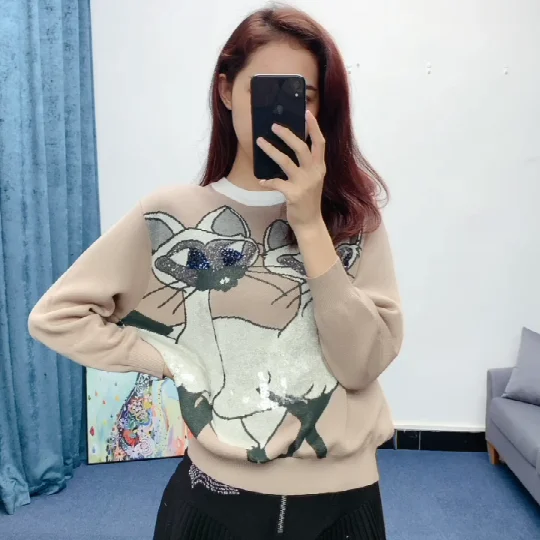 

Early autumn clothing temperament new long sleeve women's loose and lazy top knitting versatile cartoon sweater trend