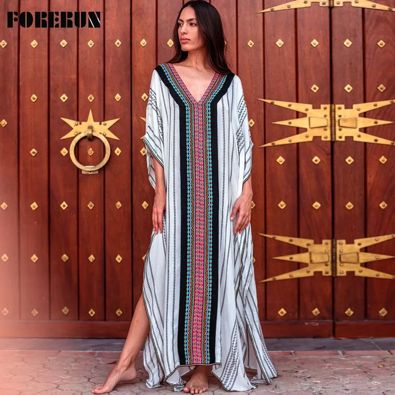 

FORERUN Stripe Kaftan Dress Women Bohemian Bat Sleeve Maxi Vestidos Bathing Suit Cover Up Pareos De Playa Mujer