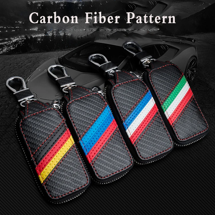

2021 Carbon Fiber Leather Key Cover Key Case Zipper Folding Wallet For VW BMW Benz Audi Lexus Toyota Honda Infini Car Accessorie