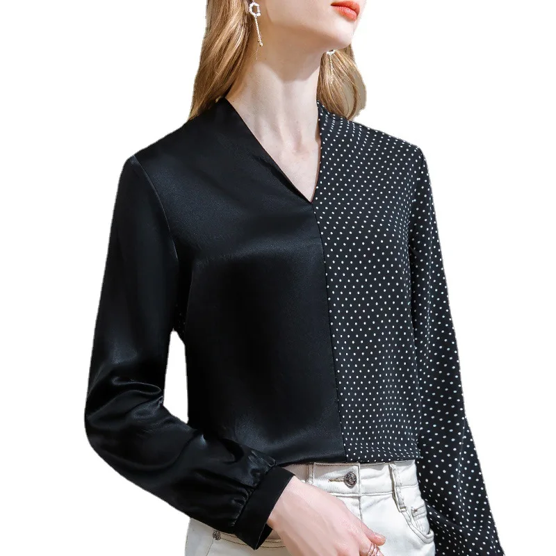 

Chiffon shirt women's spring dress 2021 new women's acetic acid stitching wave point foreign style small shirt V-Neck long