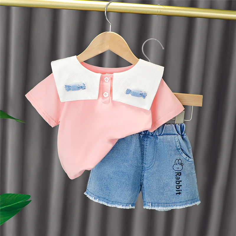 

Summer Baby Girls Clothing Sets Children Clothes Toddler Infant Casual Cartoon Rabbit T Shirt Denim Shorts Kids Outfits