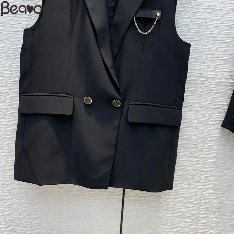 Bearomad 2021Fashion Woman Black Shorts Suit Lapel Sleeveless Straight Type Long Style Coat + Solid Loose Half Pants 2 Piece Set