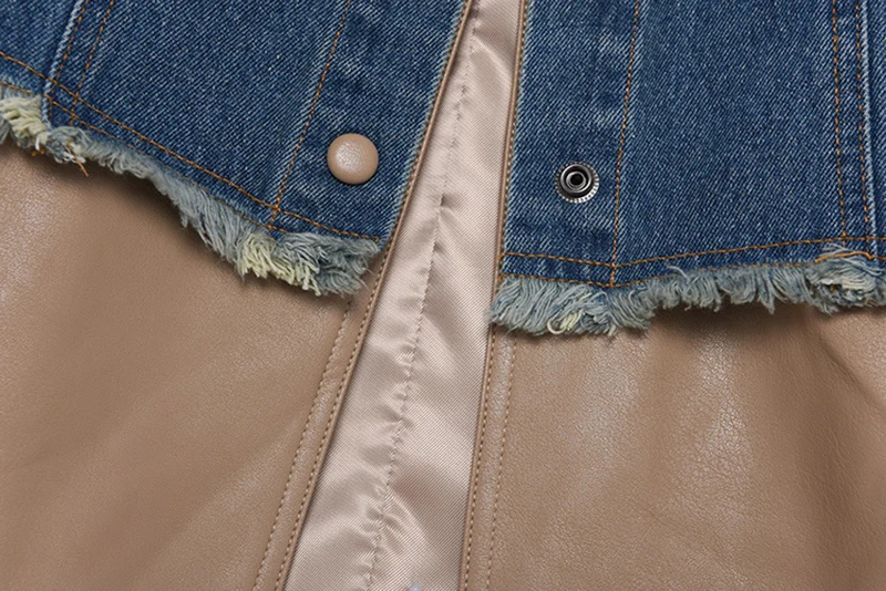 

[EAM] Loose Fit Denim Big Size Pu Leather Jacket New Lapel Long Sleeve Women Coat Fashion Tide Spring Autumn 2021 1DD4892