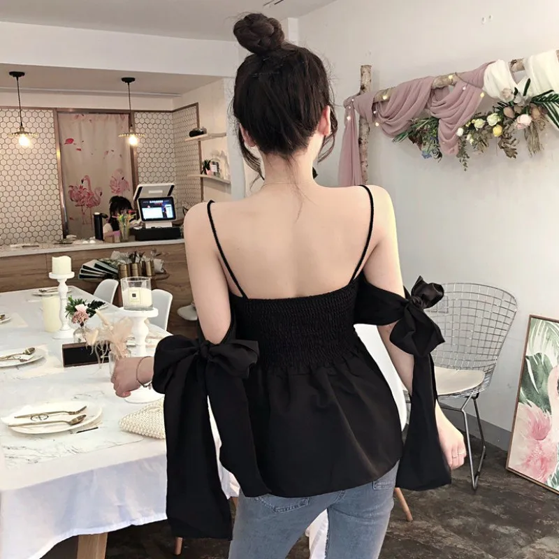 Heliar женские блузки с открытыми плечами бантом на тонких бретельках Harajuku белая