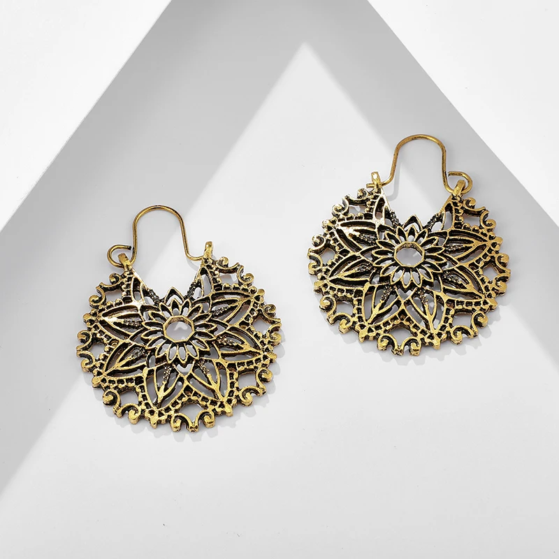 Docona Ретро Мандала Цветок Висячие серьги для женщин полые геометрические