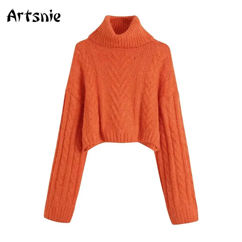 

Artsnie Winter Turtleneck Crop Sweater Women Red Knit Long Sleeve Pull Femme Autumn Casual Warm Ladies Cropped Sweaters Jumper