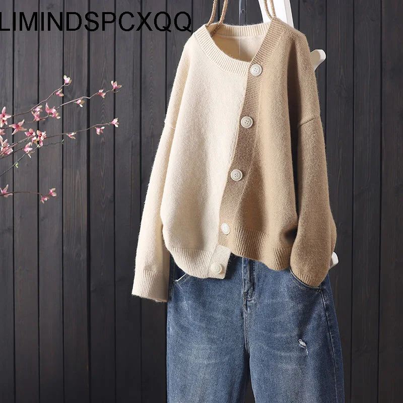 

Knitted Cardigan Loose Irregular Sweater Jacket Women Spring Autumn Long Sleeve V-neck Leisure Top Retro Korean Fashion Style