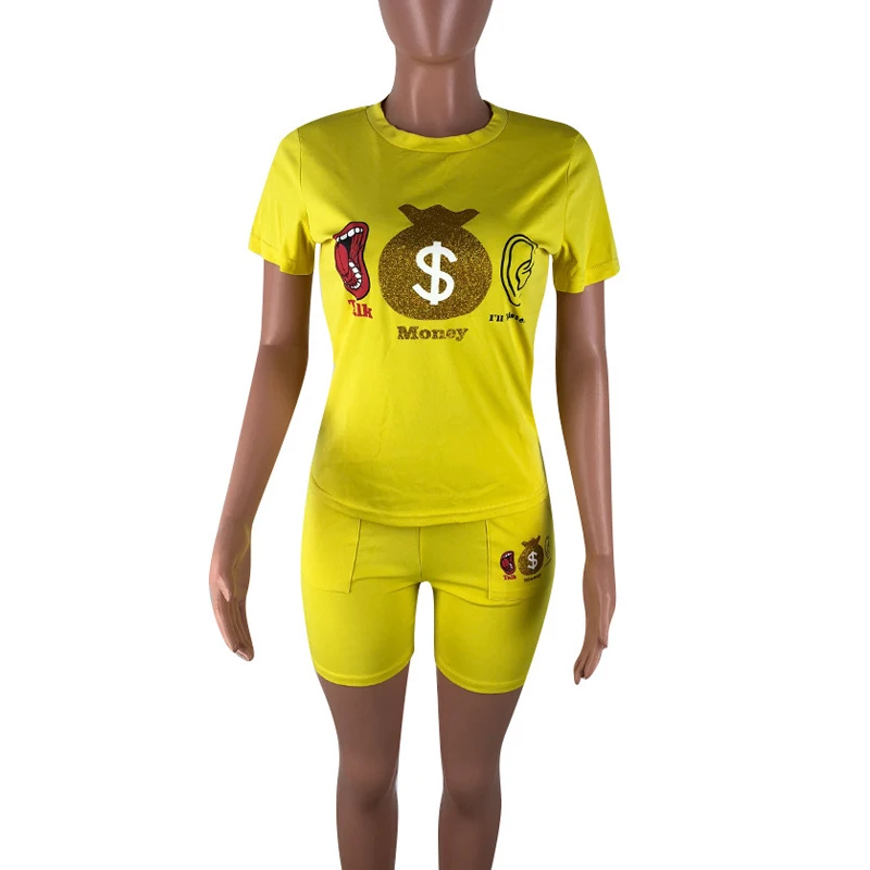 

Women Print 2 Pieces Sets Tracksuits Short Sleeve T-shirt Shorts 2 pcs Suit Fitness Red Yellow Black Sporty Outfits