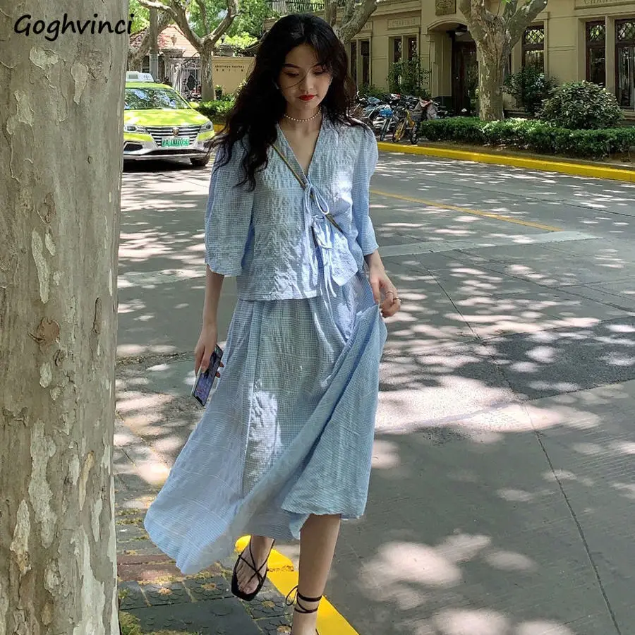 

Women Sets Sweet Elegant V-neck Lace Up Half Sleeve Tops Ankle-length Simple Elastic Waist Skirts Prairie Chic Loose Temperament
