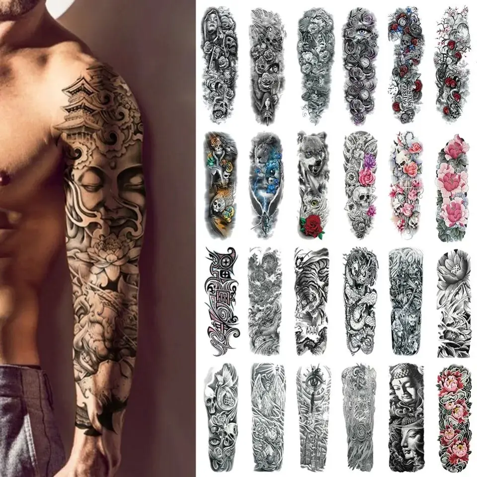

Large Arm Sleeve Temporary Tattoo Clock Rose Skull Carp Japanese Geisha Men and Women Fake Tattoo Stickers
