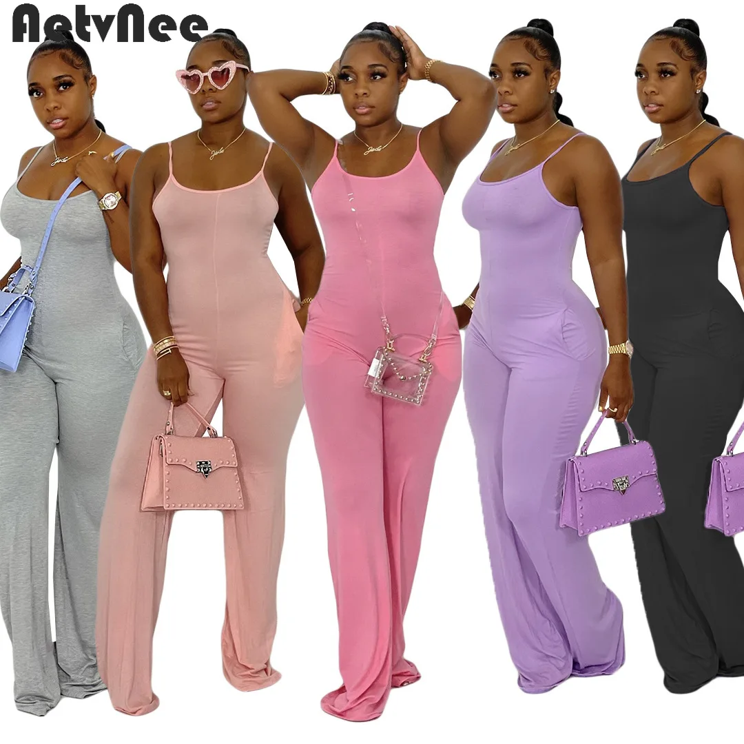 

AetvNee Strap Women Long Jumpsuit Bodycon Sexy Streetwear Sportswear Fitness Rompers Sleeveless Playsuit with Pockets for Female