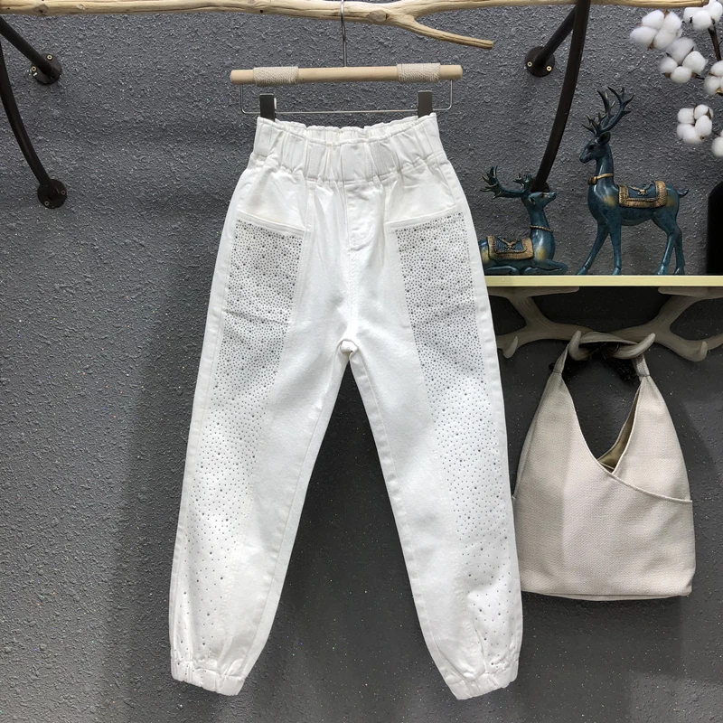 

Белые женские джинсы до щиколотки, новинка весны 2021, модные популярные шаровары с эластичным поясом, повседневные женские джинсовые брюки