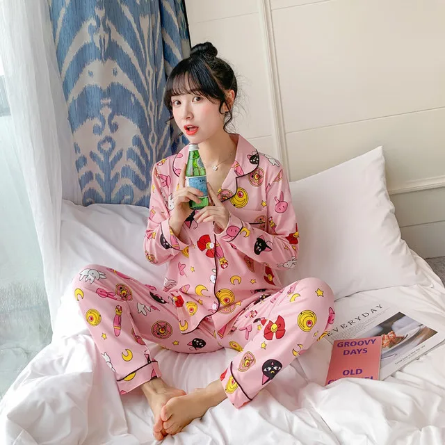 

Summer Short Sleeve Casual Sleepwear Pink Lapel Cardigan Pijama Mujer Female Nightsuit Cute Sailor Moon Print Women Pajamas Sets