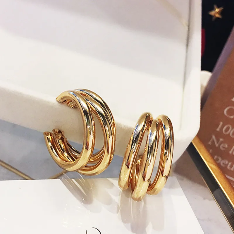 Gold 3 Row Circle Hoop Earrings C Shaped Triple Open Hoops Minimalist Simple Jewelry Accessories | Украшения и аксессуары