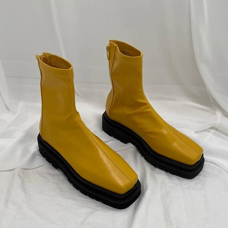 

Stretch Leather Square Toe Ankle Boots For Women Thick Bottom Platform Shoes Women Zipper Chelsea Boots Women Winter Botas Mujer