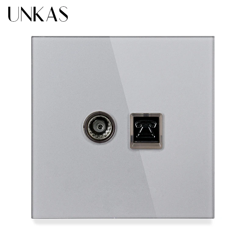 UNKAS Gray Luxury Crystal Tempered Glass Panel RJ11 Tel Jack Telephone With TV Outlet Wall Grey Socket