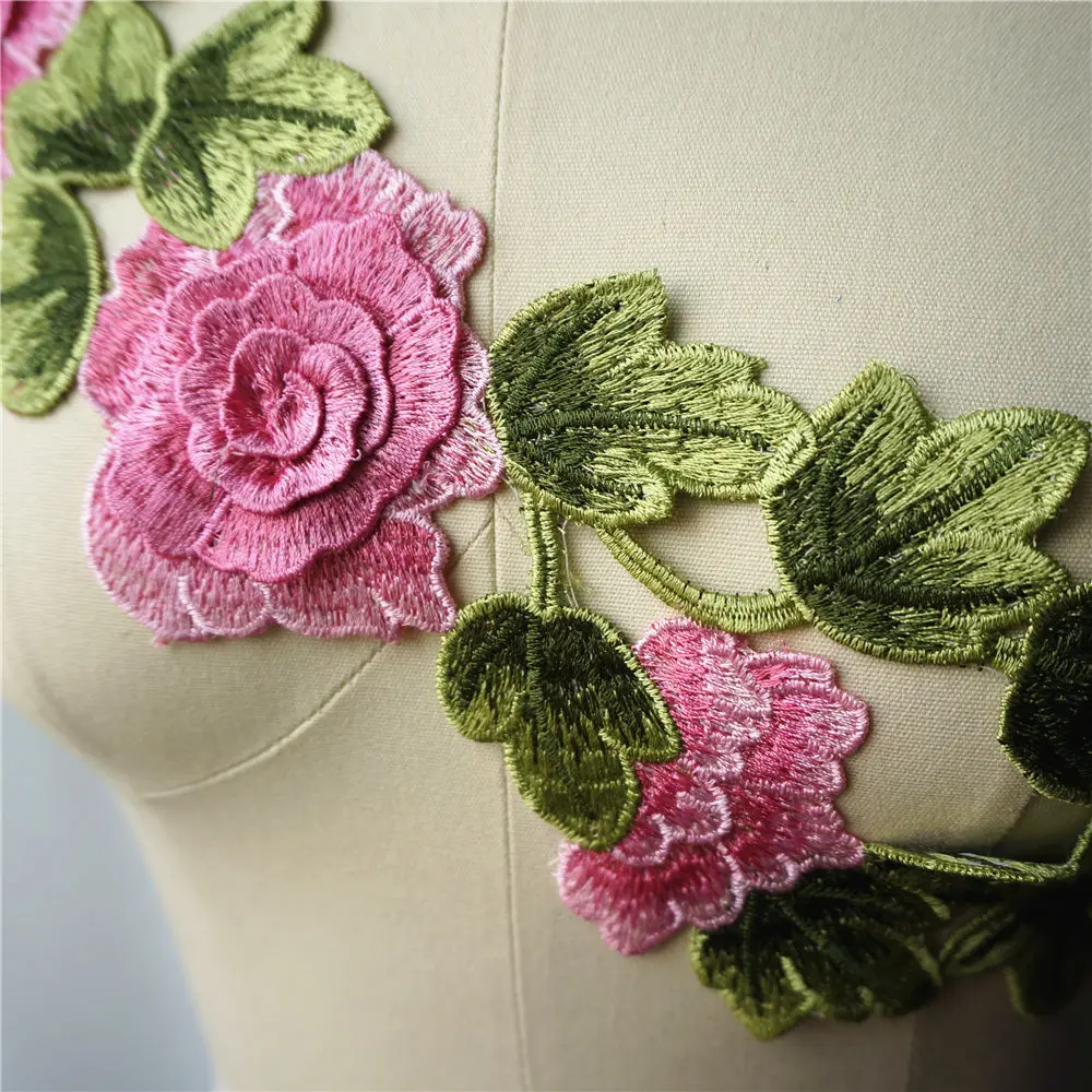 Розовая вышитая 3D Цветочная аппликация в виде листьев кружевной тканевый