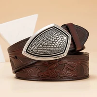 bison denim cowhide genuine leather belt men vintage shield pin buckle belt male carved pattern waist strap and gift box