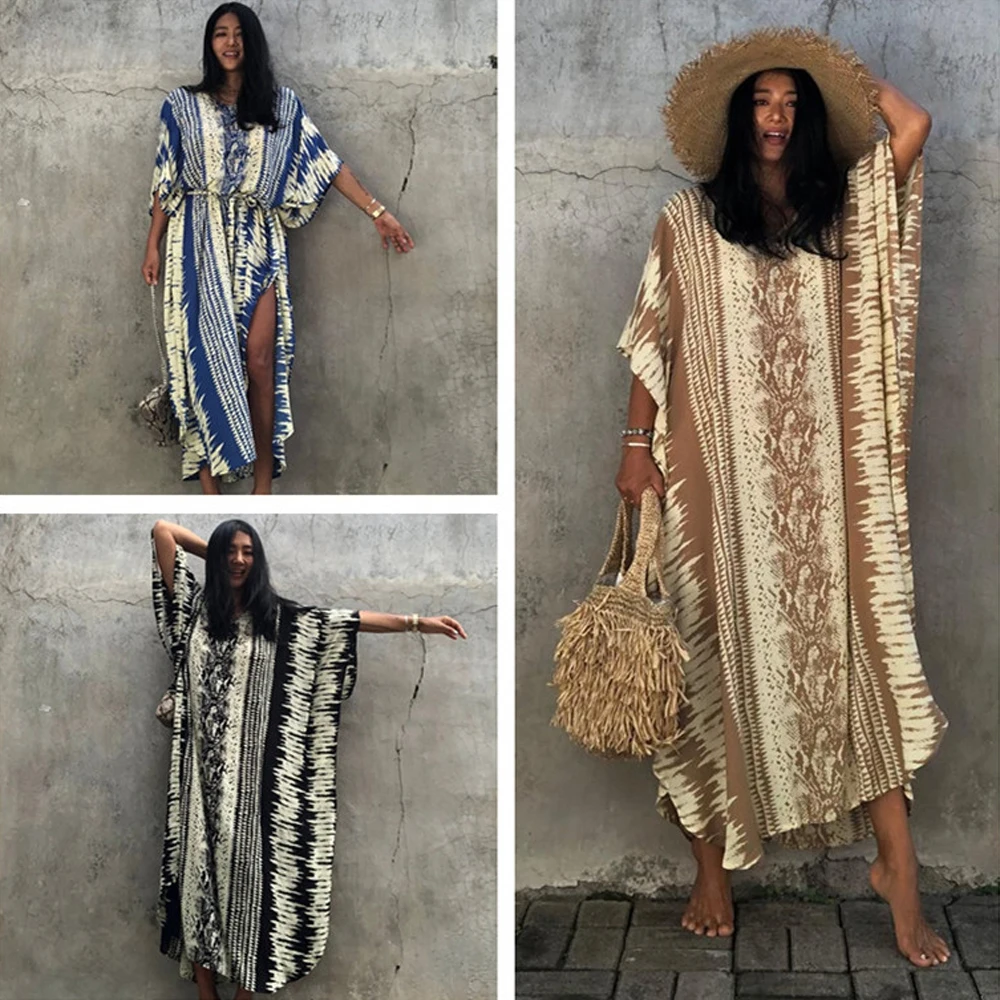 

Пляжный стиль, длинное богемное платье, серпантин, полосатый принт, богемный кафтан, марокканский халат, ретро-модный дизайн, хлопковая Дома...