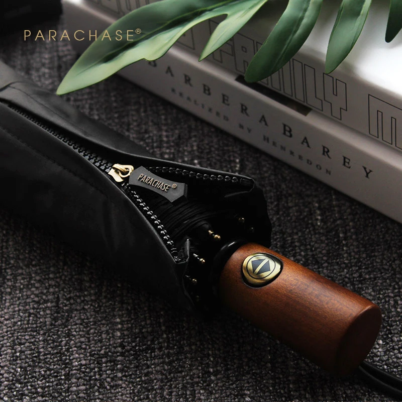 Автоматический солнцезащитный мужской алюминиевый складной зонт с деревянной