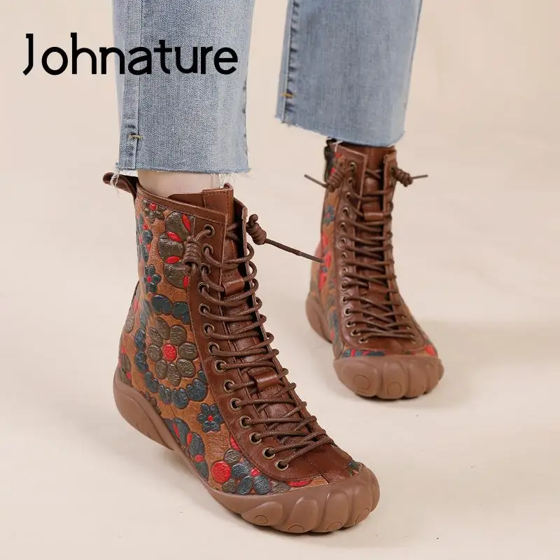 

Johnature Lace-Up Retro Shoes Women Boots Genuine Leather Round Toe Flat With Print 2022 New Sewing Handmade Platform Boots