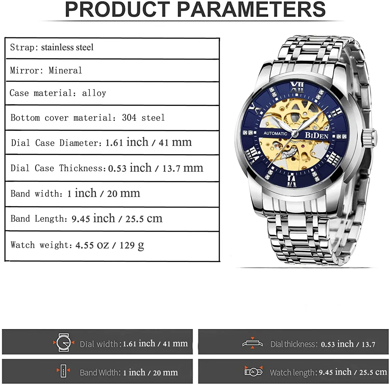

Men's watch mechanical automatic chain stainless steel skeleton luxury waterproof Diamond Dial Watch