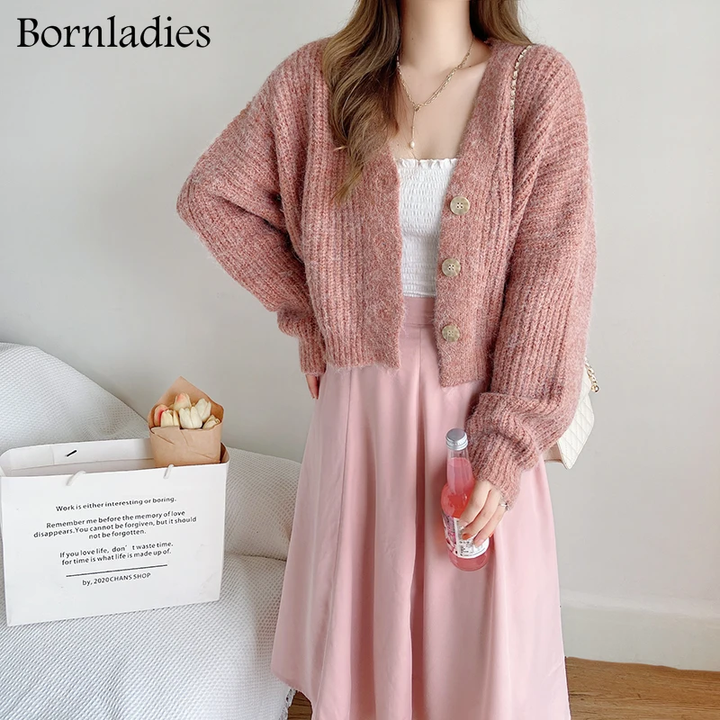 Bornladies Vintage V Neck Soft Warm Loose Women Knitted Cropped Cardigan Elegant Full Sleeve Single-breasted Female Sweater Coat |