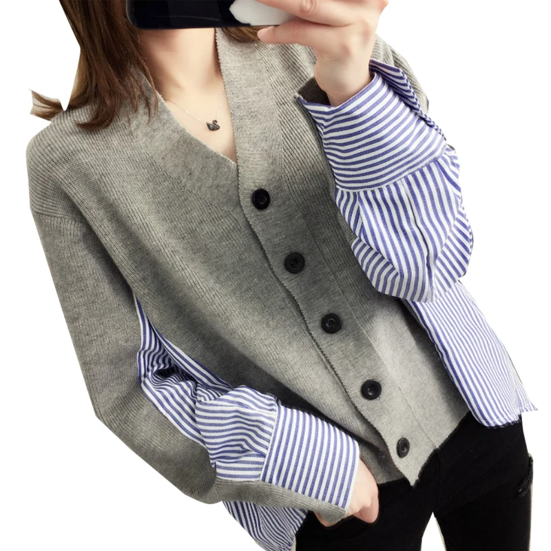 

Women Long Sleeve Knitted Cardigan Coat Single-breasted Striped Stitching Blouse M5TE