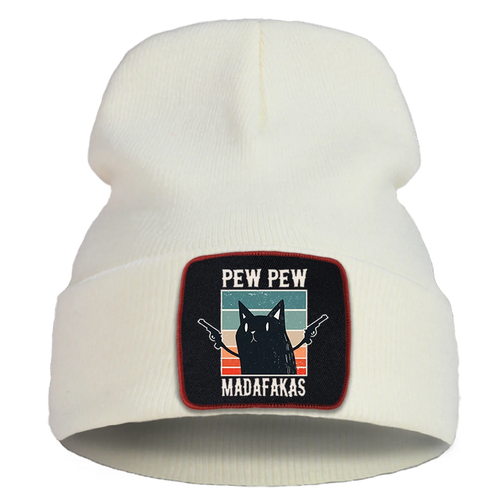

Pew Pew Madafakas Beanie Women Caps Cartoon Black Cat Outdoor Bonnet Cap Hip Hop Unisex Skullies Hat Simple Street Knitted Hats